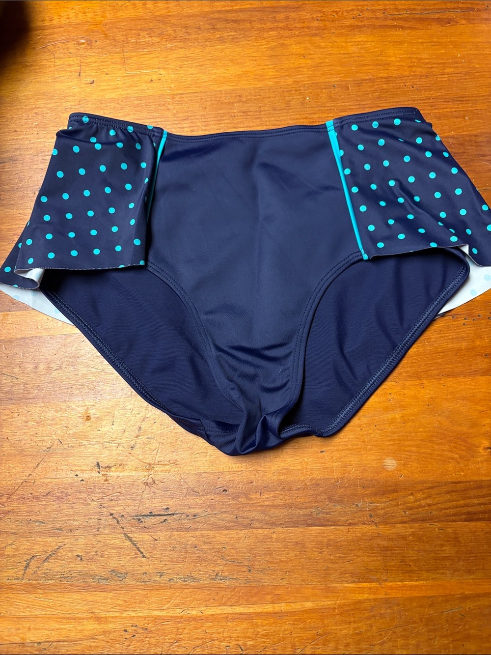SPANX Navy Swim Brief with Teal Polka-Dot Side Panels